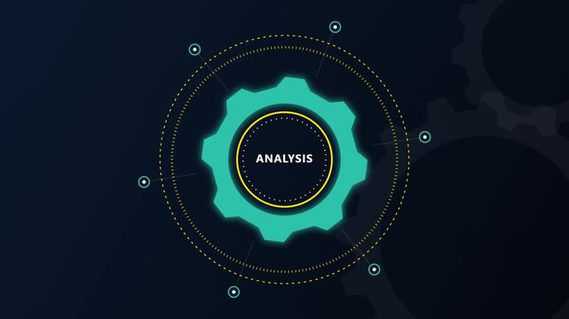 Analysis gear icon with digital HUD elements for data processing technology