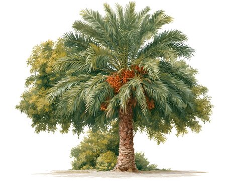 Ripe date palm tree with clusters of orange fruit and lush green fronds
