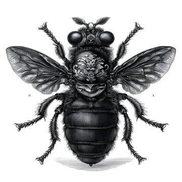Ornate black fly with decorative elements on its head and detailed wings and body