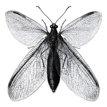 Detailed black and white engraving of an insect with intricate wing patterns