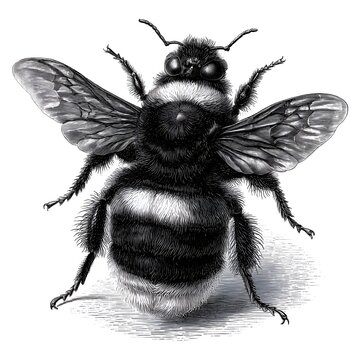 Engraving of a bumblebee with wings spread, showcasing its fuzzy body and striped abdomen in black and white