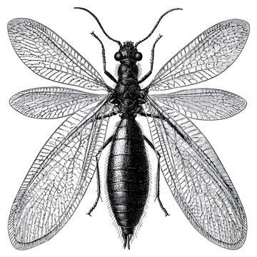 Detailed black and white engraving of a dobsonfly with spread wings on a white background