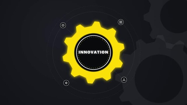 Innovation gear icon with glowing yellow mechanical parts and digital symbols