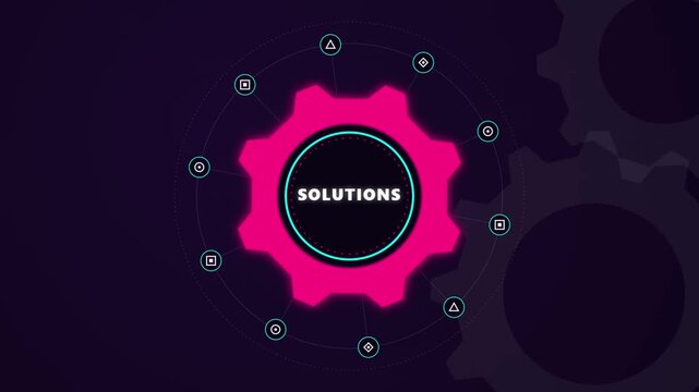 Solutions gear icon animation with digital interface and glowing neon elements