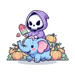 Naklejka premium Cute Grim Reaper and Elephant with Pumpkins and Popsicle.