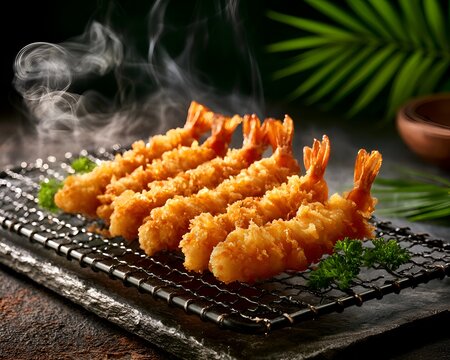 Hot steaming breaded shrimp on a grill with parsley garnish, close-up shot