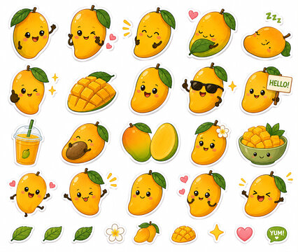 Cute mango fruit sticker collection featuring whole and sliced mangoes, mango cubes, drinks, bowls, and adorable kawaii mango characters on a white background.