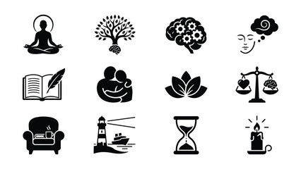Fototapeta premium Black and white flat icons set of wellness and lifestyle