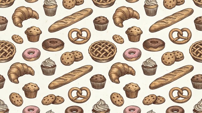 Hand Drawn Seamless Pattern Featuring Delicious Fresh Bakery Delights and Pastry s for Culinary Backdrop bakery pattern seamless pattern hand drawn illustration pastry bread cakes sweets delights