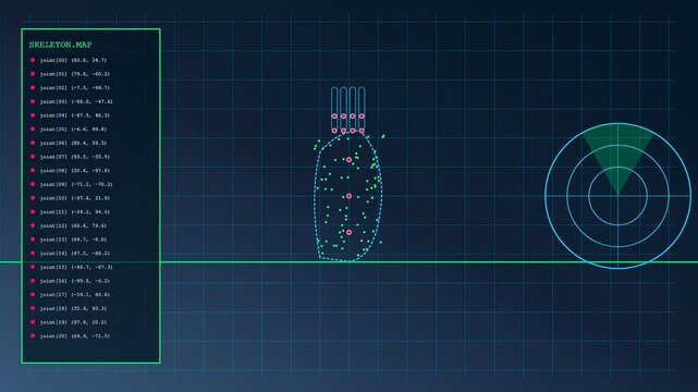 Advanced gesture programming interface showing skeletal tracking data points with a rotating radar scan on a dark blue grid display for motion analysis and biometric research