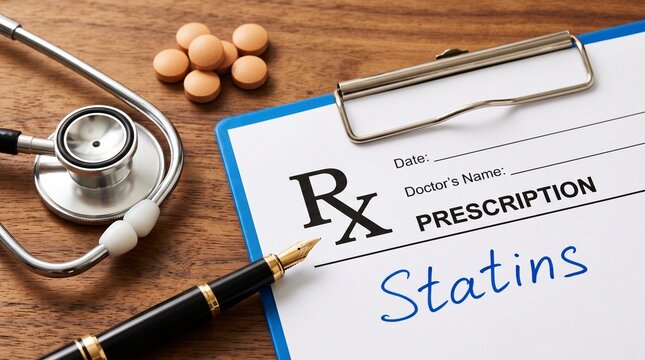 Stethoscope with doctor prescription form for statins medication and generic pills on wooden desk