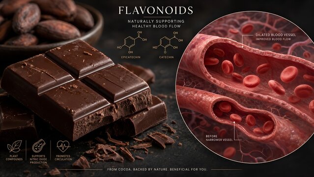 Gourmet dark chocolate piece accompanied by a scientific magnified inset showing antioxidant flavonoid molecules improving vascular health and dilating blood vessels effectively