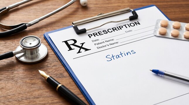 Stethoscope, prescription pad with handwritten "Statins" text, pills blister pack, and pen on wooden doctor desk, medical treatment concept