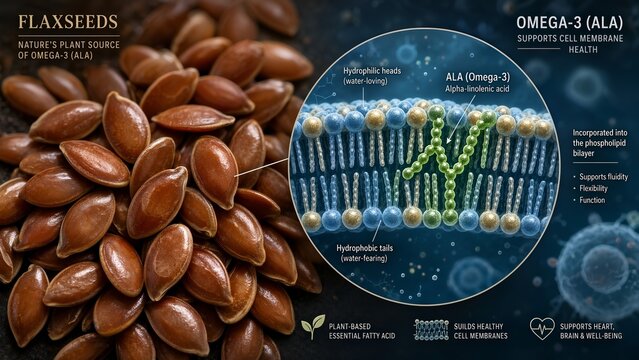 Healthy flaxseeds displayed alongside a magnified molecular inset demonstrating alpha-linolenic omega-3 fatty acids seamlessly integrating into a cellular phospholipid bilayer