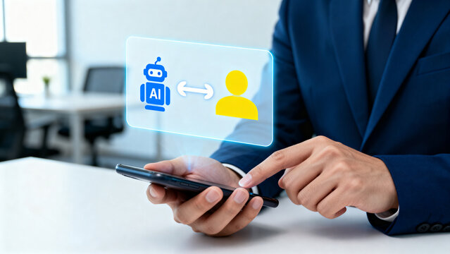 Feedback loop between AI chatbot and human user, through business professional using smartphone to automation, communication, and virtual interaction for customer service and business growth 
