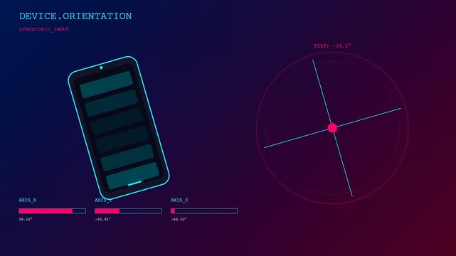 A digital gesture programming display shows changing mobile phone orientation data with glowing charts and axis movement graphs on a dark gradient interface screen monitor