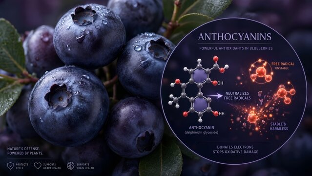 Blueberries with a detailed microscopic inset showing anthocyanin molecules neutralizing harmful free radicals, depicted through glowing unstable molecules being eliminated in cellular tissue