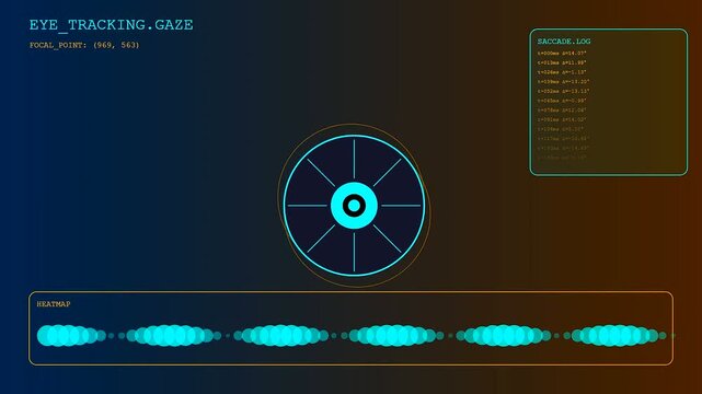 A digital gesture programming display shows data streams with glowing circular interface elements and tracking logs in a dark virtual simulation environment for computing monitoring