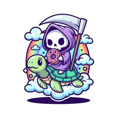Obraz premium Cute Grim Reaper Riding a Turtle with a Donut.