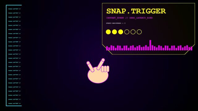 A gesture programming session shows a virtual hand icon making signals on a dark screen with illuminated pink data charts and yellow text boxes