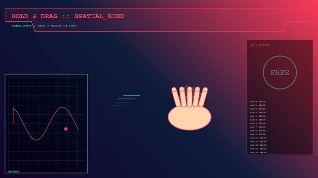 Gesture programming interface showing a moving sine wave graph with hand icons and digital status metrics displayed across a dark gradient user experience control panel