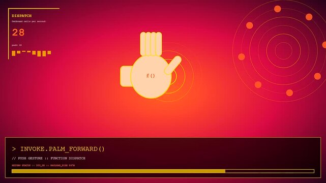 A digital gesture programming interface display showing abstract hand symbols with floating circular nodes and scrolling computer code on a gradient orange and red background