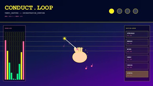 A fluid gesture programming interface displayed across three panels showing musical conductors using hand movements to manage sound waveforms and digital audio software sound levels
