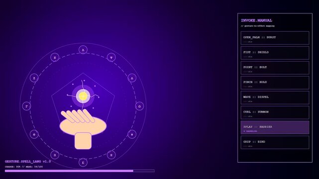 A digital gesture programming interface displays glowing hand silhouettes interacting with arcane circular charts and menus inside a dark purple virtual reality software workspace environment