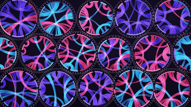 Abstract Chord Diagram Rings With Pulsing Connection Ribbons Data Visualization Seamless Loop in cool violet tones
