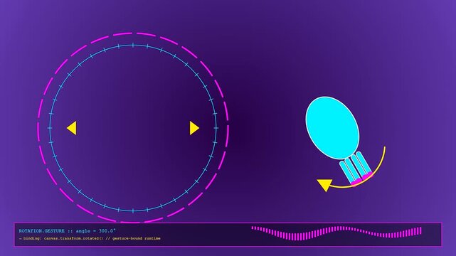 Interactive gesture programming interfaces display rotating graphical elements on a deep purple screen as data parameters change in a sequence of fluid motion across three digital panels