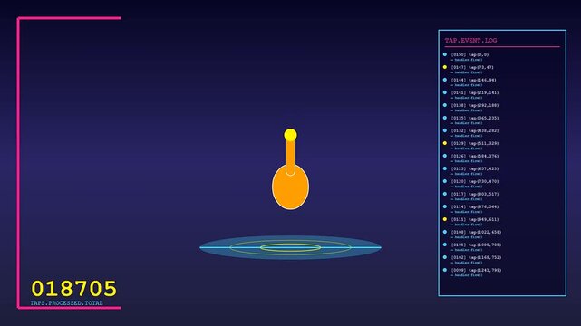A digital gesture programming interface displays evolving touch event logs and vertical pulsing icons while shifting numerical values reflect continuous stream data processing for monitoring systems