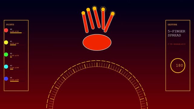 A digital gesture programming interface displays biometric hand tracking metrics within a glowing neon visual layout for interactive software development and human computer interface design
