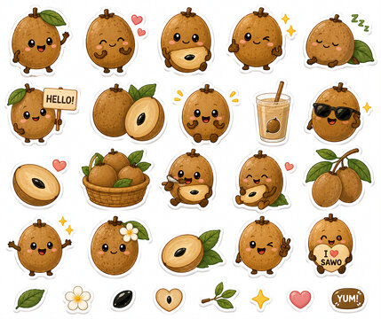 Cute sapodilla fruit sticker collection featuring whole and sliced sapodilla, fruit baskets, drinks, leaves, and adorable kawaii characters on a white background.