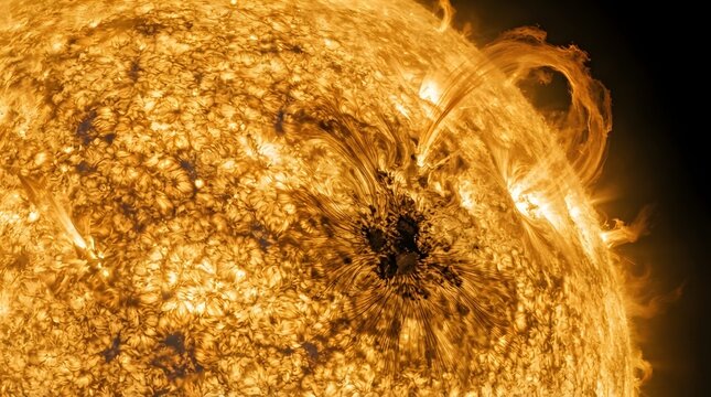 Close-up view of the Sun surface showing fiery solar flares, prominences, and active sunspots in space