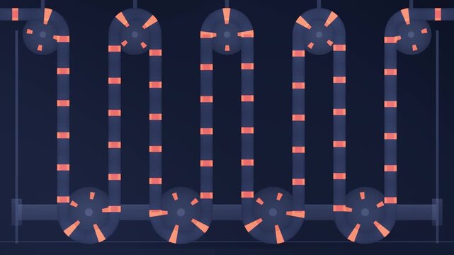 Festoon accumulator web loops breathing between roller banks, industrial process machine, seamless loop in soft indigo tones