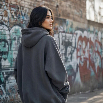 Woman Wearing Blank Streetwear Hoodie Graffiti