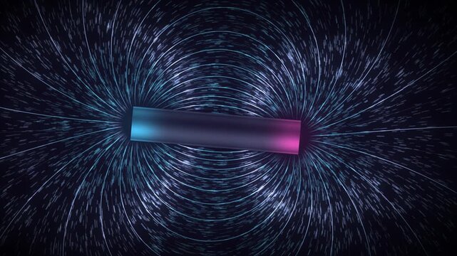 Magnetic Field Lines of a Bar Magnet Dipole with Iron Filings Physics Visualization Seamless Loop in vibrant cyan tones