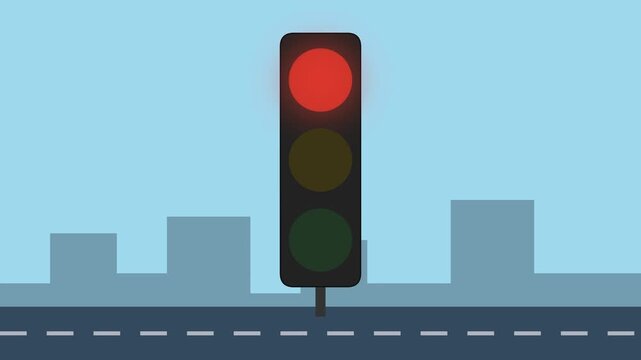 Minimalist flat vector illustration of a red traffic light on a city road background representing stop signal