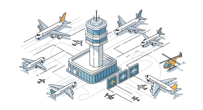 Colorful isometric illustration of airport control tower and aircraft.