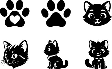 Fototapeta premium Cute Cat and Kitten Silhouette Icons Vector Set: Solid Black Paw Prints, Feline Pet Head Avatars, and Animal Pictograms for Graphic Design