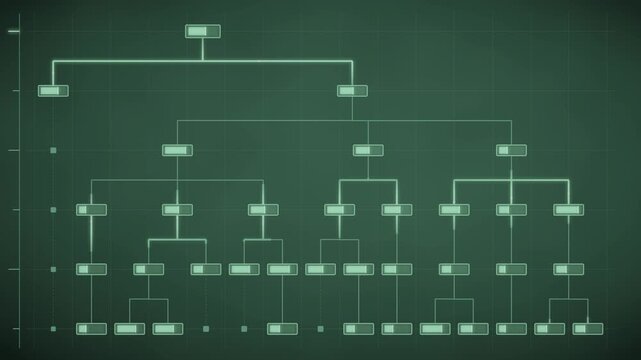 Org Chart Hierarchy Tree Diagram Growing From Root With Nodes Lighting In Sequence, Seamless Loop in bright emerald tones
