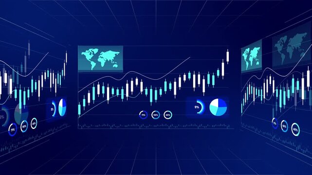 Wide virtual studio room displaying floating blue stock exchange candlestick panels and world map.