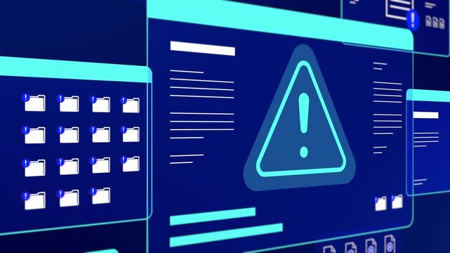 High tech blue digital interface displaying system threat warning triangle and data folder error icons.
