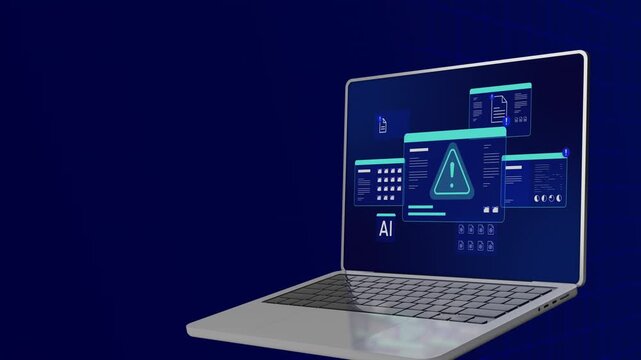 Modern laptop displaying futuristic blue interface with floating cyber security alert signs and AI file status.