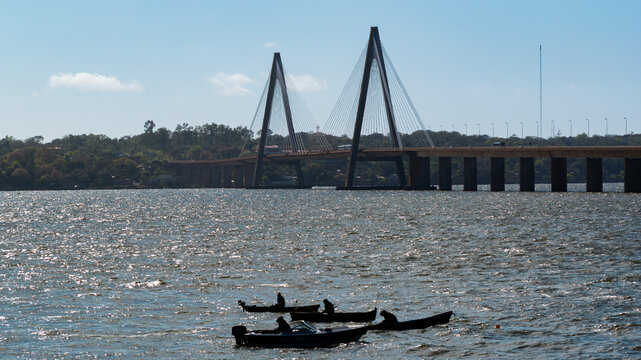Fishermen Boats Near San Roque Gonzalez Bridge on the Parana River