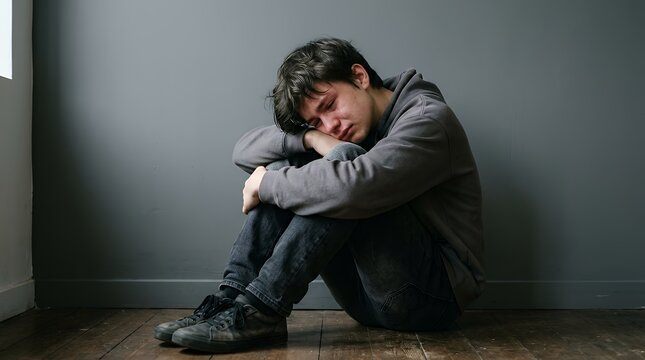 Emotional close up portrait depicting a heartbroken youth sitting huddled on the floor against a solid gray wall crying and expressing profound sadness or emotional distress background child youth