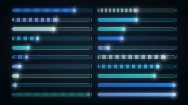 Glowing UI Progress Bars Filling in Staggered Rows Seamless Loop in bright cyan tones