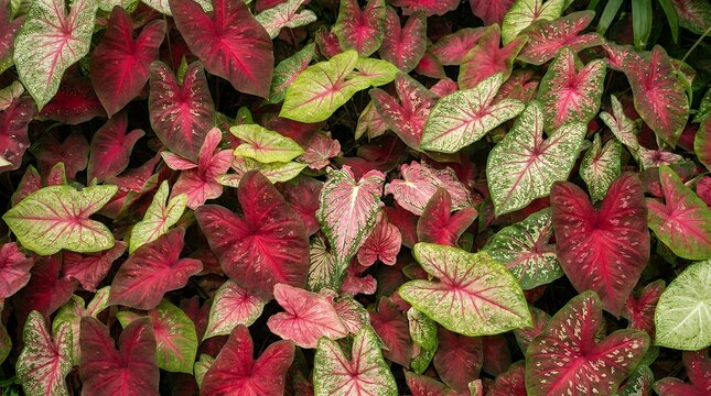 Stunning exotic tropical caladium foliage featuring vibrant colorful veined leaves forming a beautiful dense botanical texture for natural background caladium plant leaves leaf foliage tropical