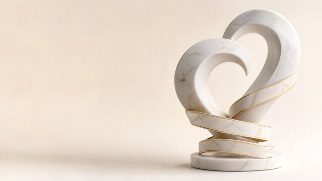 White marble overlapping crescents forming unified heart with three banner ribbons sculpture for Bi Visibility Day with gold leaf inlay on ivory 3D render