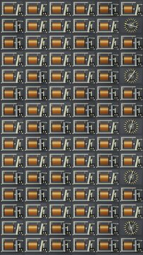 Electromagnetic Relay Bank With Snapping Armatures and Stepping Selectors, Seamless Loop in subtle gunmetal tones vertical 9:16